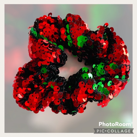 Red And Green Sequined Holiday Hair Scrunchy - Picture 9 of 9